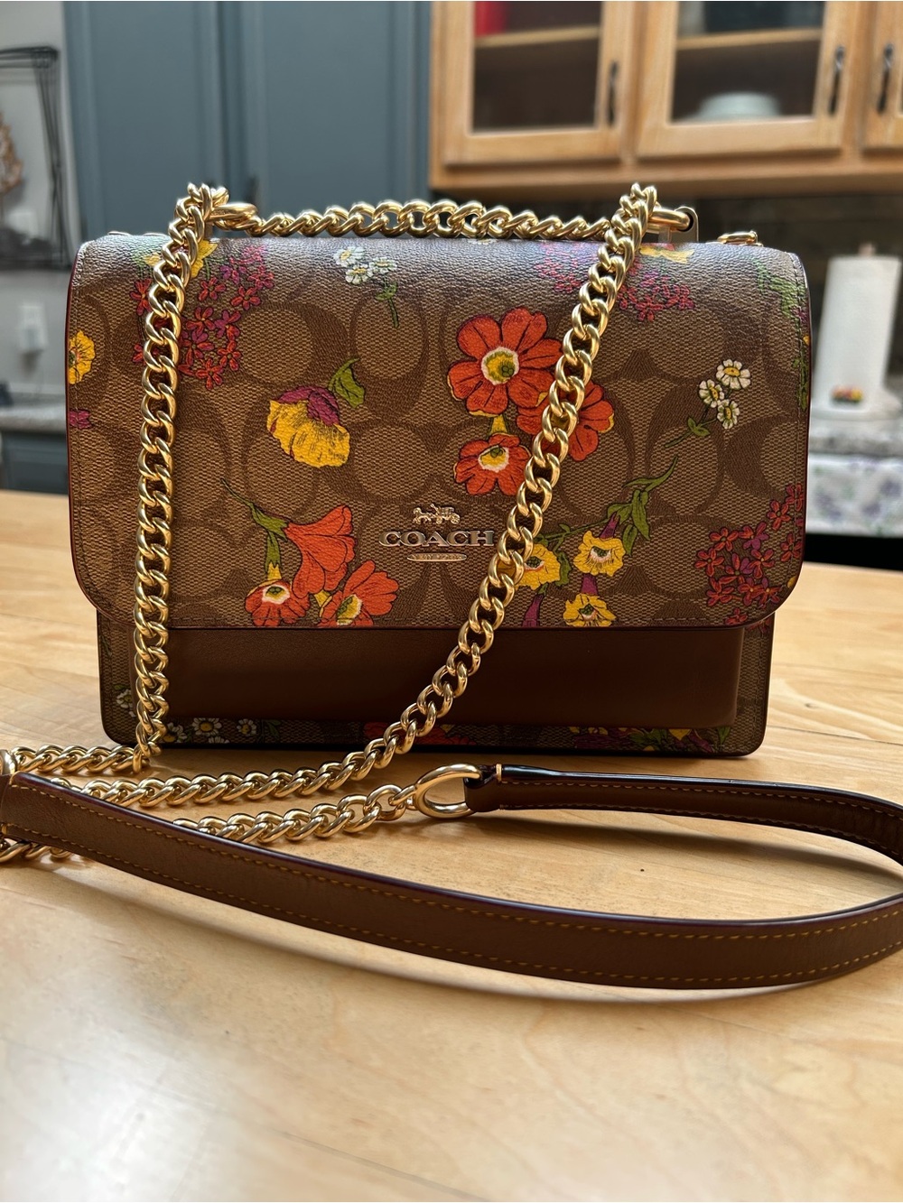 Coach Brown Floral Signature Crossbody with Gold Chain